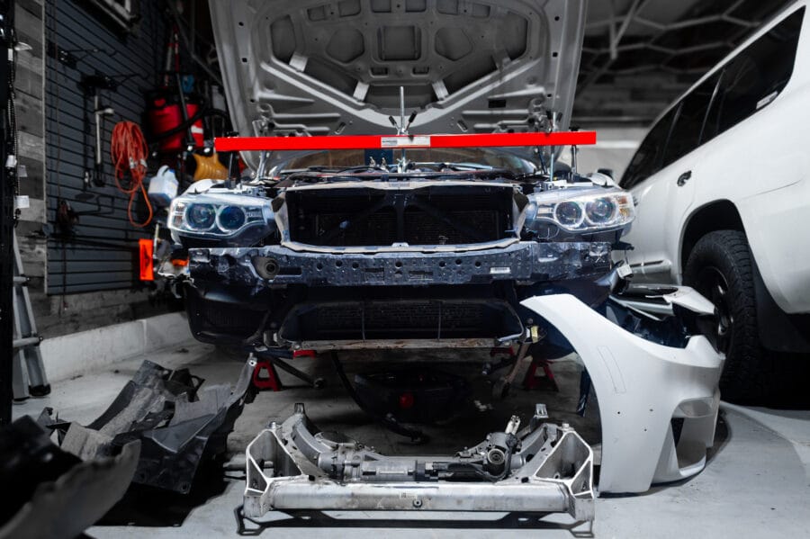 BMW F82 M4 S55 engine oil pan removal for track maintenance