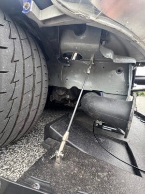 Side splitter support rod mounted between the Civic Si chassis and custom birch splitter