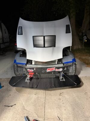 Bumper-off overhead view of the C5 Corvette quick-release splitter and front chassis mounting structure