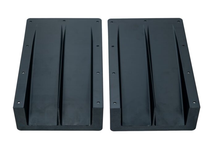 Underside view of a pair of Professional Awesome 3D printed splitter diffusers with airflow strakes